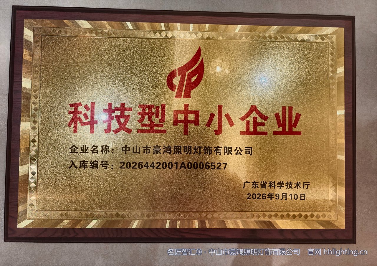 中山市豪鸿照明灯饰有限公司获广东省科学技术厅「科技型中小企业」认定牌匾，入库编号 2026442001A0006527，入库日期 2026-09-10