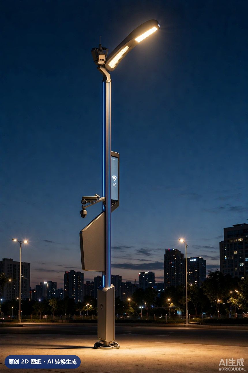 MJZ-ZH-ZD-008 单臂挑臂路灯杆 3D夜景效果图