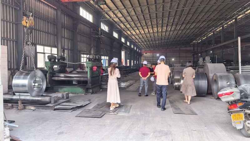 考察团成员佩戴安全帽在开料工位了解板材开料工序